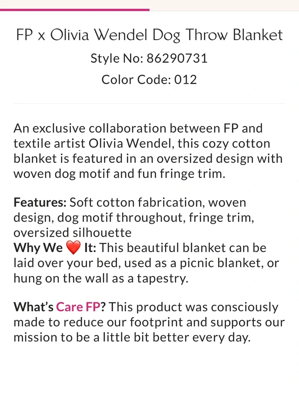 Free People x Olivia Wendel Dog Throw Blanket 🐾 Exclusive Limited Edition NWT